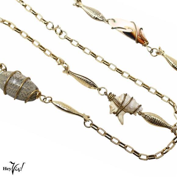 Vintage Necklace Gold Metal Chain Real Shells and Tiny Fish 38" Long - Hey Viv - Picture 3 of 7